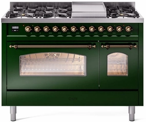 Ilve UP48FNMPEGB Nostalgie Ii 48 Inch Dual Fuel Natural Gas Freestanding Range In Emerald Green With Bronze Trim Freestanding Ranges freestanding dual fuel range 30 inch