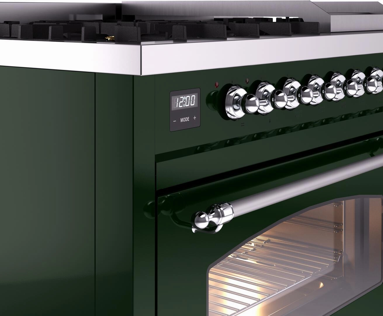 Ilve UP48FNMPEGCLP Nostalgie Ii 48 Inch Dual Fuel Liquid Propane Freestanding Range In Emerald Green With Chrome Trim