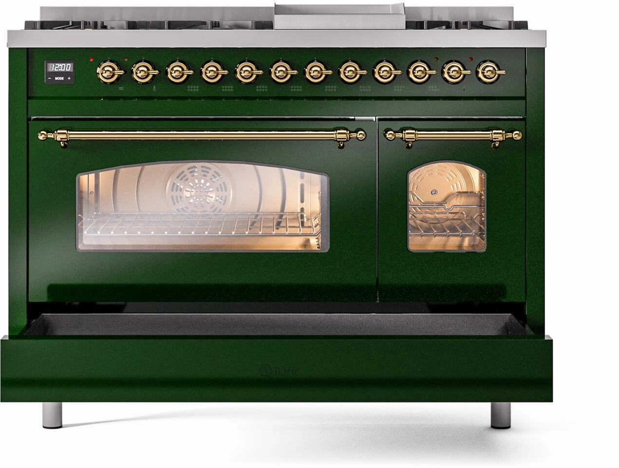 Ilve UP48FNMPEGGLP Nostalgie Ii 48 Inch Dual Fuel Liquid Propane Freestanding Range In Emerald Green With Brass Trim
