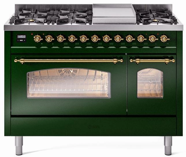 Ilve UP48FNMPEGGLP Nostalgie Ii 48 Inch Dual Fuel Liquid Propane Freestanding Range In Emerald Green With Brass Trim Freestanding Ranges freestanding dual fuel range 30 inch