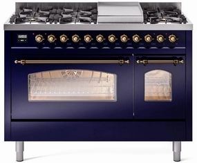 Ilve UP48FNMPMBBLP Nostalgie Ii 48 Inch Dual Fuel Liquid Propane Freestanding Range In Blue With Bronze Trim Freestanding Ranges freestanding dual fuel range 30 inch