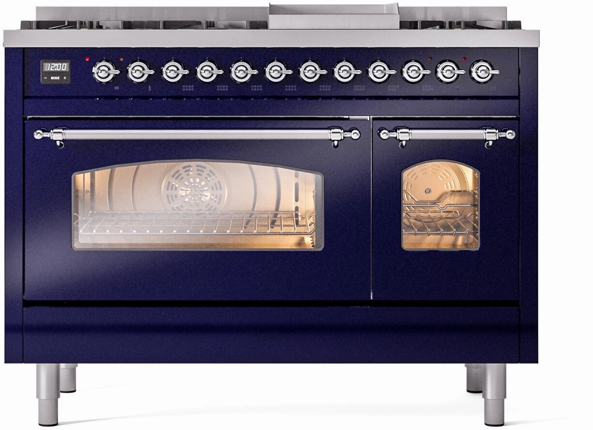 Ilve UP48FNMPMBC Nostalgie Ii 48 Inch Dual Fuel Natural Gas Freestanding Range In Blue With Chrome Trim