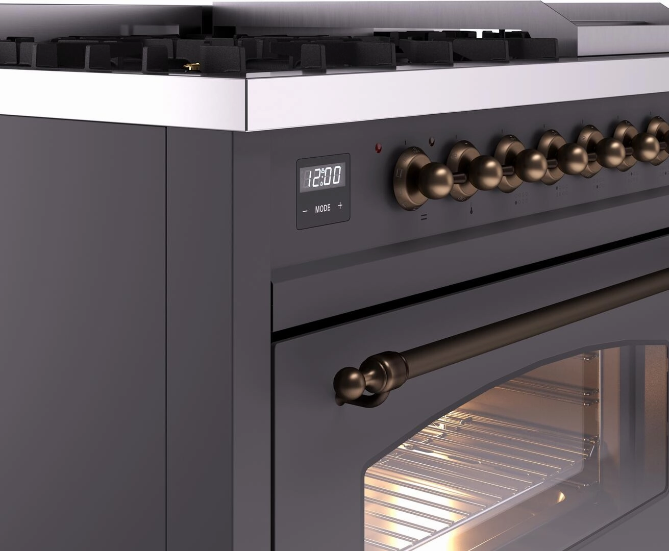 Ilve UP48FNMPMGBLP Nostalgie Ii 48 Inch Dual Fuel Liquid Propane Freestanding Range In Matte Graphite With Bronze Trim
