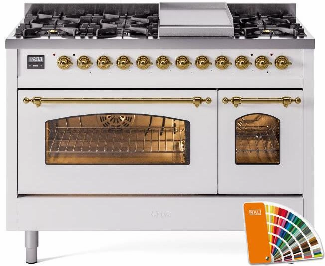 Ilve UP48FNMPRAGLP Nostalgie Ii 48 Inch Dual Fuel Liquid Propane Freestanding Range In Ral Custom Color With Brass Trim Freestanding Ranges freestanding dual fuel range 30 inch
