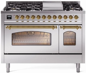 Ilve UP48FNMPSSGLP Nostalgie Ii 48 Inch Dual Fuel Liquid Propane Freestanding Range In Stainless Steel With Brass Trim Freestanding Ranges freestanding dual fuel range 30 inch