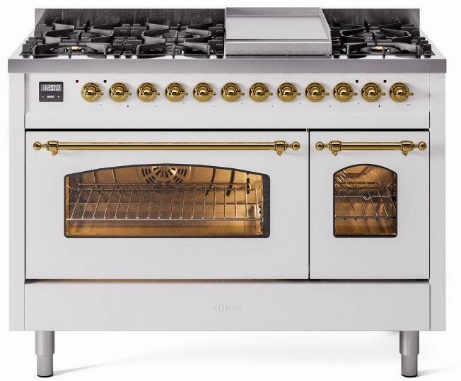 Ilve UP48FNMPWHG Nostalgie Ii 48 Inch Dual Fuel Natural Gas Freestanding Range In White With Brass Trim Freestanding Ranges freestanding dual fuel range 30 inch