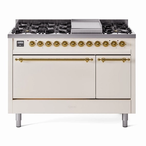 Ilve UP48FQNMPAWG Nostalgie Ii 48 Inch Dual Fuel Natural Gas Freestanding Range In Antique White With Brass Trim Freestanding Ranges freestanding dual fuel range 30 inch