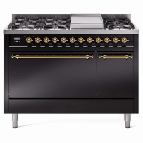 Ilve UP48FQNMPBKG Ilve Nostalgie Ii 48 Up48Fqnmpbkg Freestanding Dual Fuel Range With 8 Sealed Burners Yes Double Oven With Solid Door In Glossy Black With Brass Knobs Freestanding Ranges freestanding dual fuel range 30 inch