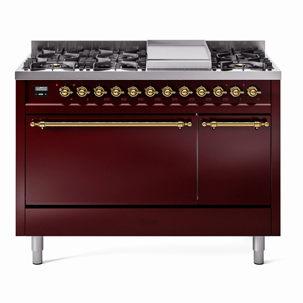 Ilve UP48FQNMPBUG Nostalgie Ii 48 Inch Dual Fuel Natural Gas Freestanding Range In Burgundy With Brass Trim Freestanding Ranges freestanding dual fuel range 30 inch