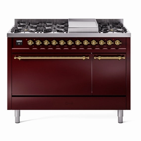 Ilve UP48FQNMPBUG Nostalgie Ii 48 Inch Dual Fuel Natural Gas Freestanding Range In Burgundy With Brass Trim Freestanding Ranges freestanding dual fuel range 30 inch