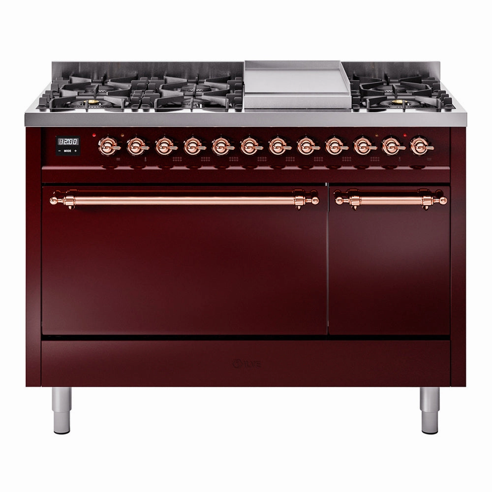 Ilve UP48FQNMPBUP Nostalgie Ii 48 Inch Dual Fuel Natural Gas Freestanding Range In Burgundy With Copper Trim Freestanding Ranges freestanding dual fuel range 30 inch