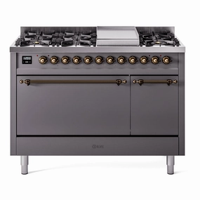 Ilve UP48FQNMPMGBLP Nostalgie Ii 48 Inch Dual Fuel Liquid Propane Freestanding Range In Matte Graphite With Bronze Trim Freestanding Ranges freestanding dual fuel range 30 inch