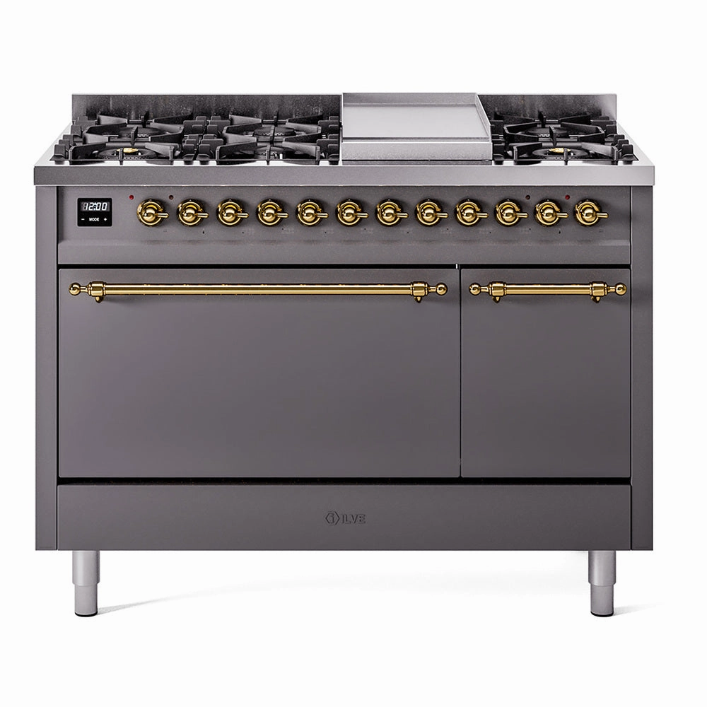 Ilve UP48FQNMPMGGLP Nostalgie Ii 48 Inch Dual Fuel Liquid Propane Freestanding Range In Matte Graphite With Brass Trim Freestanding Ranges freestanding dual fuel range 30 inch