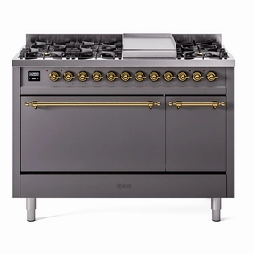 Ilve UP48FQNMPMGGLP Nostalgie Ii 48 Inch Dual Fuel Liquid Propane Freestanding Range In Matte Graphite With Brass Trim Freestanding Ranges freestanding dual fuel range 30 inch