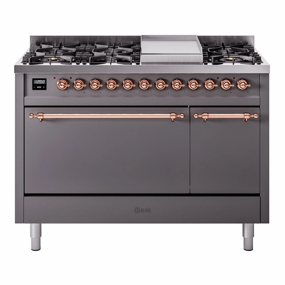 Ilve UP48FQNMPMGPLP Nostalgie Ii 48 Inch Dual Fuel Liquid Propane Freestanding Range In Matte Graphite With Copper Trim Freestanding Ranges freestanding dual fuel range 30 inch
