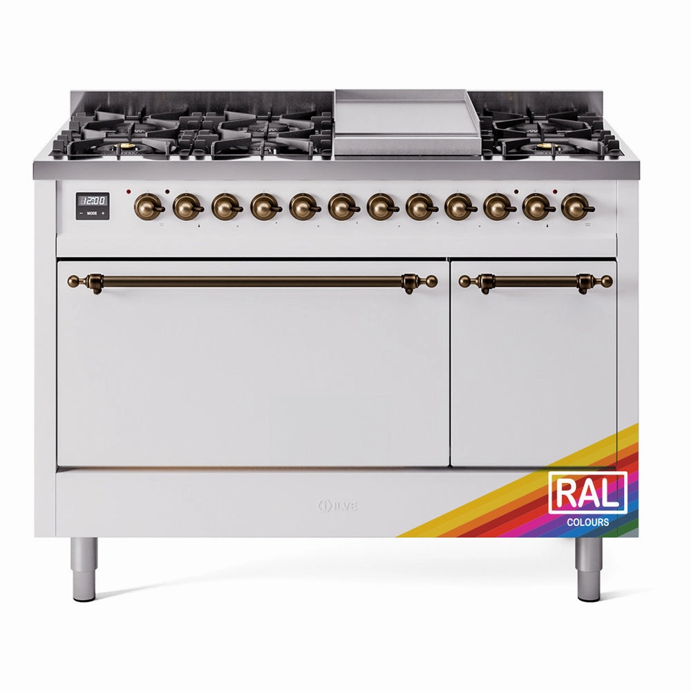 Ilve UP48FQNMPRABLP Nostalgie Ii 48 Inch Dual Fuel Liquid Propane Freestanding Range In Ral Custom Color With Bronze Trim Freestanding Ranges freestanding dual fuel range 30 inch