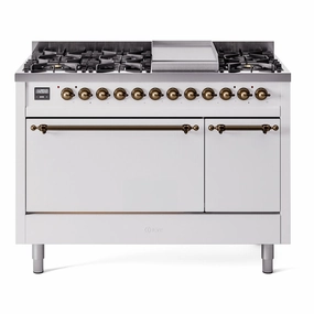 Ilve UP48FQNMPWHB Nostalgie Ii 48 Inch Dual Fuel Natural Gas Freestanding Range In White With Bronze Trim Freestanding Ranges freestanding dual fuel range 30 inch