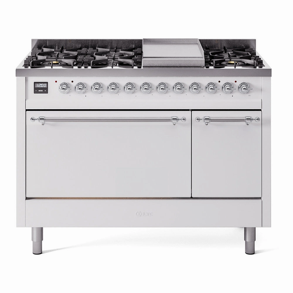 Ilve UP48FQNMPWHC Nostalgie Ii 48 Inch Dual Fuel Natural Gas Freestanding Range In White With Chrome Trim Freestanding Ranges freestanding dual fuel range 30 inch