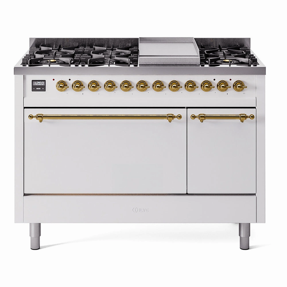 Ilve UP48FQNMPWHGLP Nostalgie Ii 48 Inch Dual Fuel Liquid Propane Freestanding Range In White With Brass Trim Freestanding Ranges freestanding dual fuel range 30 inch