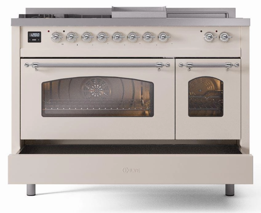 Ilve UP48FSNMPAWCLP Nostalgie Ii 48 Inch Dual Fuel Liquid Propane Freestanding Range In Antique White With Chrome Trim