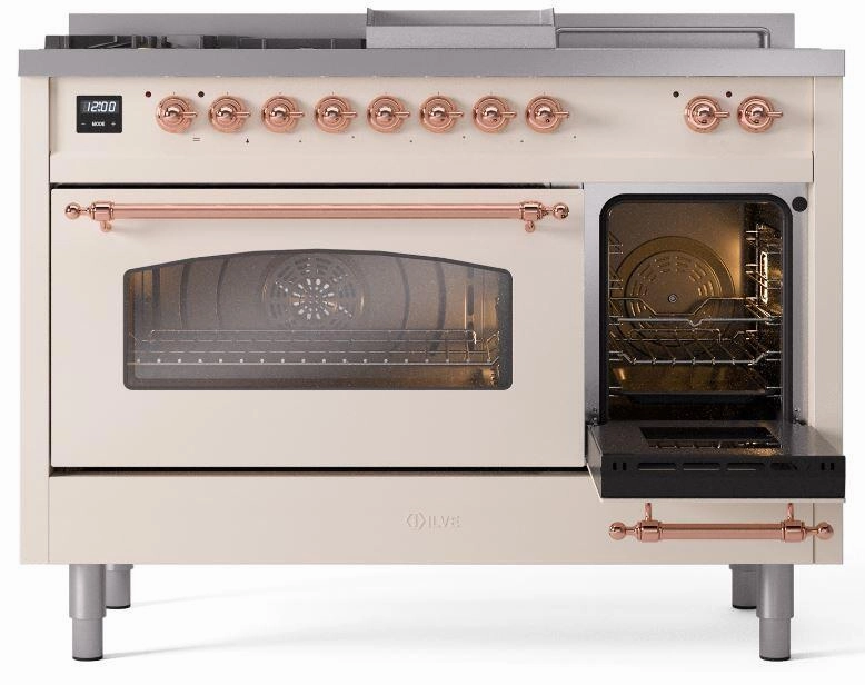 Ilve UP48FSNMPAWPLP Nostalgie Ii 48 Inch Dual Fuel Liquid Propane Freestanding Range In Antique White With Copper Trim