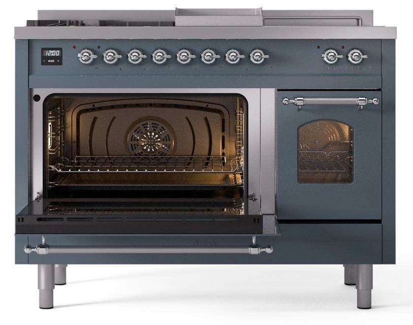 Ilve UP48FSNMPBGCLP Nostalgie Ii 48 Inch Dual Fuel Liquid Propane Freestanding Range In Blue Grey With Chrome Trim
