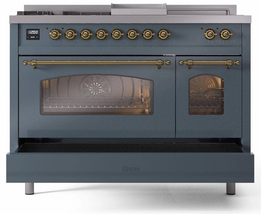 Ilve UP48FSNMPBGG Nostalgie Ii 48 Inch Dual Fuel Natural Gas Freestanding Range In Blue Grey With Brass Trim