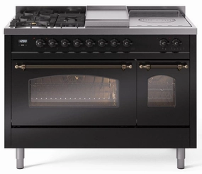 Ilve UP48FSNMPBKBLP Nostalgie Ii 48 Inch Dual Fuel Liquid Propane Freestanding Range In Glossy Black With Bronze Trim Freestanding Ranges freestanding dual fuel range 30 inch
