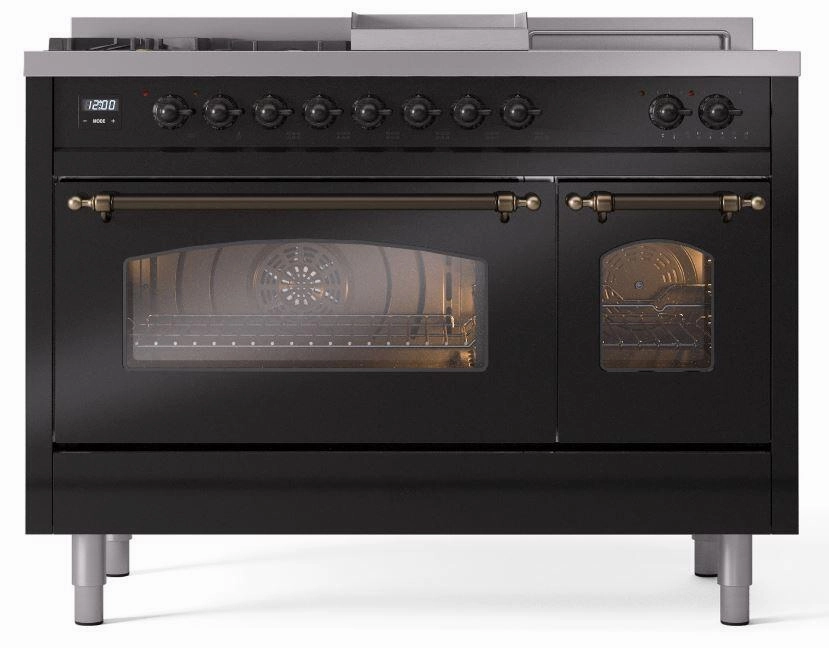 Ilve UP48FSNMPBKBLP Nostalgie Ii 48 Inch Dual Fuel Liquid Propane Freestanding Range In Glossy Black With Bronze Trim