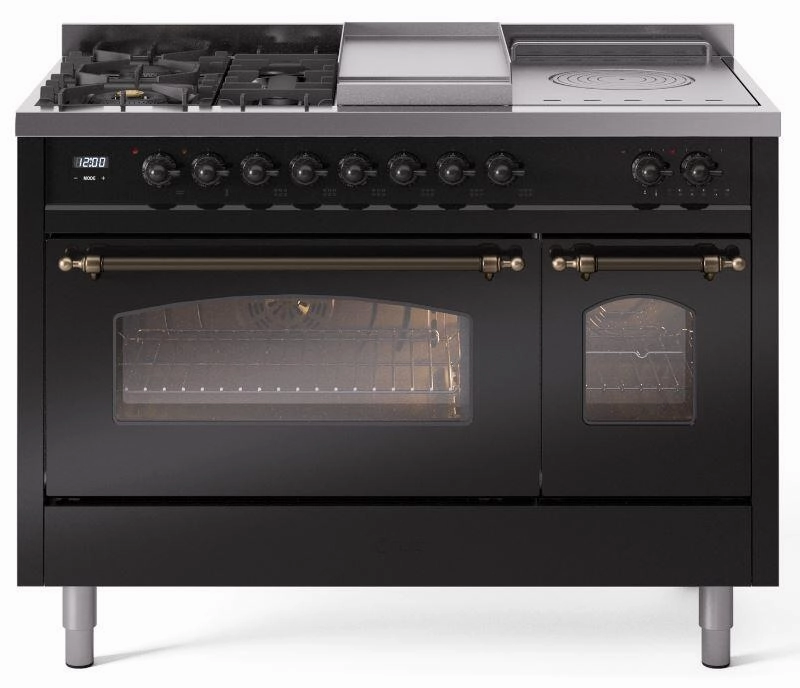 Ilve UP48FSNMPBKBLP Nostalgie Ii 48 Inch Dual Fuel Liquid Propane Freestanding Range In Glossy Black With Bronze Trim Freestanding Ranges freestanding dual fuel range 30 inch