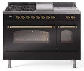 Ilve UP48FSNMPBKGLP Nostalgie Ii 48 Inch Dual Fuel Liquid Propane Freestanding Range In Glossy Black With Brass Trim Freestanding Ranges freestanding dual fuel range 30 inch