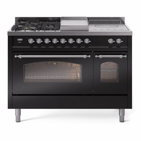 Ilve UP48FSNMPBKP Nostalgie Ii 48 Inch Dual Fuel Natural Gas Freestanding Range In Glossy Black With Chrome Trim Freestanding Ranges freestanding dual fuel range 30 inch