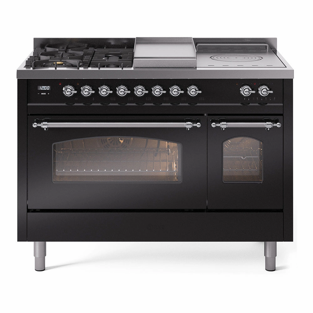 Ilve UP48FSNMPBKP Nostalgie Ii 48 Inch Dual Fuel Natural Gas Freestanding Range In Glossy Black With Chrome Trim Freestanding Ranges freestanding dual fuel range 30 inch