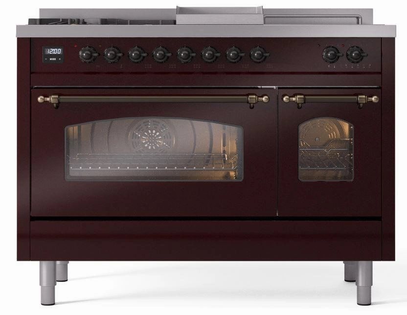 Ilve UP48FSNMPBUBLP Nostalgie Ii 48 Inch Dual Fuel Liquid Propane Freestanding Range In Burgundy With Bronze Trim