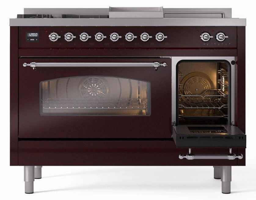 Ilve UP48FSNMPBUC Nostalgie Ii 48 Inch Dual Fuel Natural Gas Freestanding Range In Burgundy With Chrome Trim