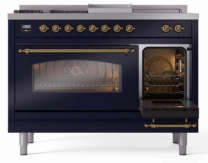 Ilve UP48FSNMPMBG Nostalgie Ii 48 Inch Dual Fuel Natural Gas Freestanding Range In Blue With Brass Trim