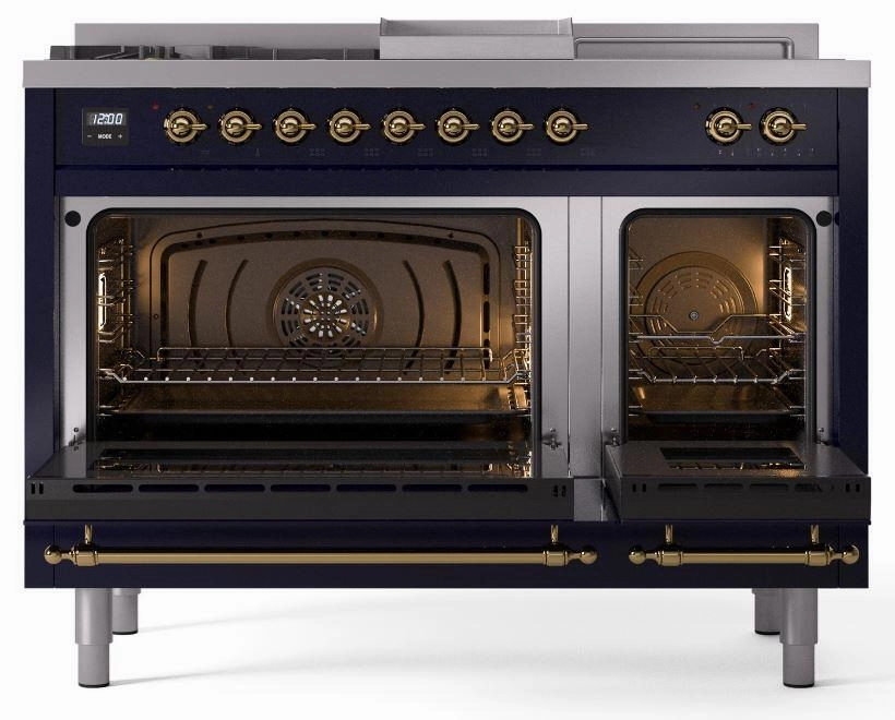Ilve UP48FSNMPMBGLP Nostalgie Ii 48 Inch Dual Fuel Liquid Propane Freestanding Range In Blue With Brass Trim