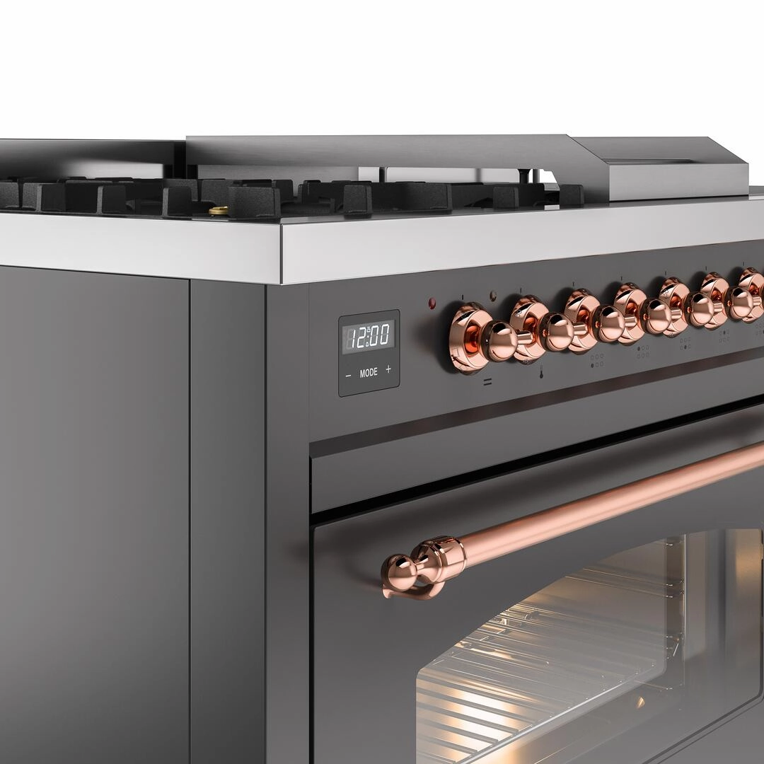 Ilve UP48FSNMPMGPLP Nostalgie Ii 48 Inch Dual Fuel Liquid Propane Freestanding Range In Matte Graphite With Copper Trim