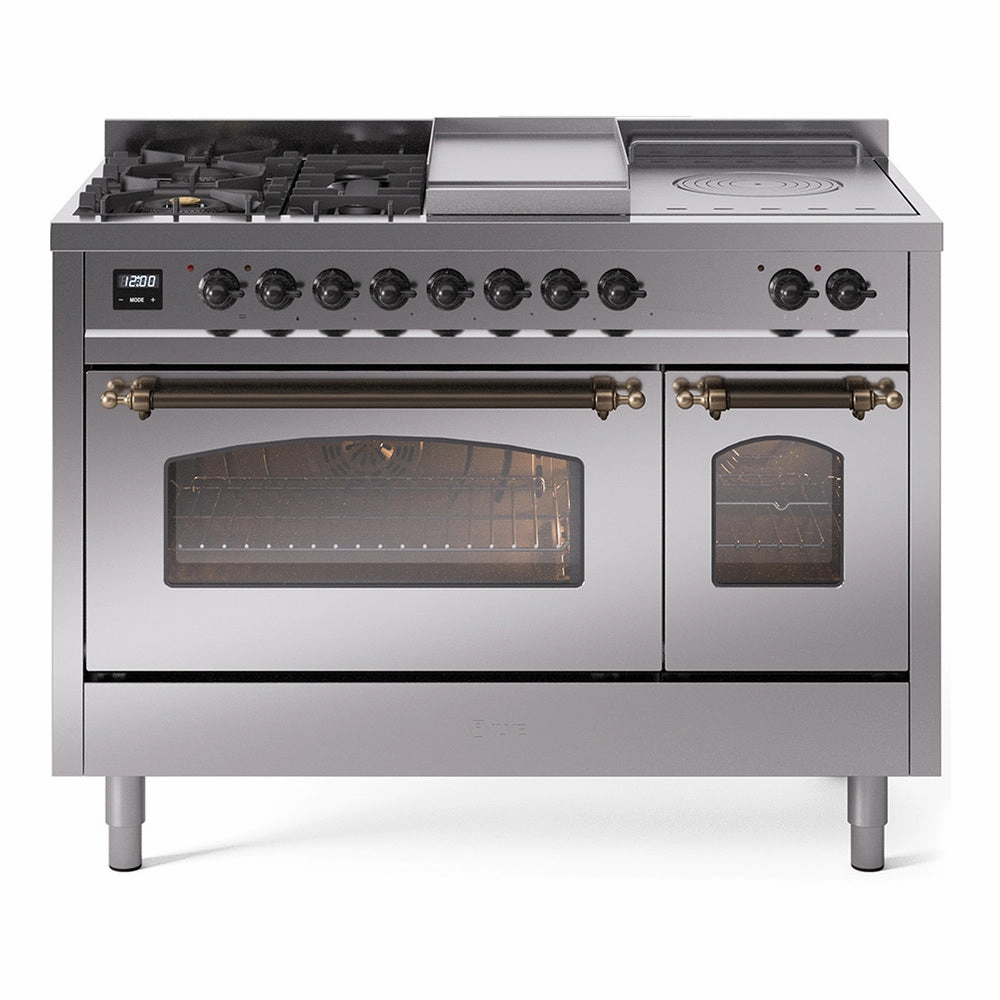 Ilve UP48FSNMPSSB Nostalgie Ii 48 Inch Dual Fuel Natural Gas Freestanding Range In Stainless Steel With Bronze Trim Freestanding Ranges freestanding dual fuel range 30 inch