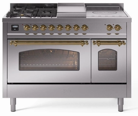 Ilve UP48FSNMPSSG Nostalgie Ii 48 Inch Dual Fuel Natural Gas Freestanding Range In Stainless Steel With Brass Trim Freestanding Ranges freestanding dual fuel range 30 inch