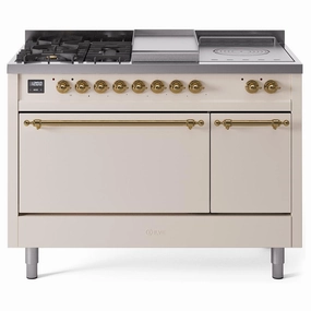 Ilve UP48FSQNMPAWGLP Ilve Nostalgie Ii 48 Up48Fsqnmpawg Freestanding Dual Fuel Range With 5 Sealed Burners And French Top Double Oven With Solid Door In Antique White With Brass Knobs Freestanding Ranges freestanding dual fuel range 30 inch