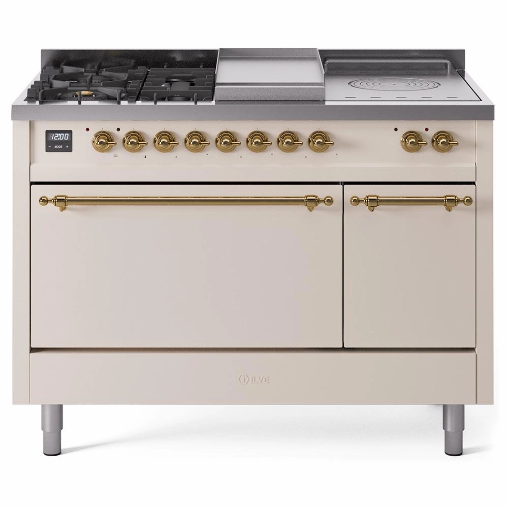 Ilve UP48FSQNMPAWGLP Ilve Nostalgie Ii 48 Up48Fsqnmpawg Freestanding Dual Fuel Range With 5 Sealed Burners And French Top Double Oven With Solid Door In Antique White With Brass Knobs Freestanding Ranges freestanding dual fuel range 30 inch