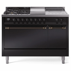 Ilve UP48FSQNMPBKB Ilve Nostalgie Ii 48 Up48Fsqnmpbkb Freestanding Dual Fuel Range With 5 Sealed Burners And French Top Double Oven With Solid Door In Glossy Black With Bronze Knobs Freestanding Ranges freestanding dual fuel range 30 inch