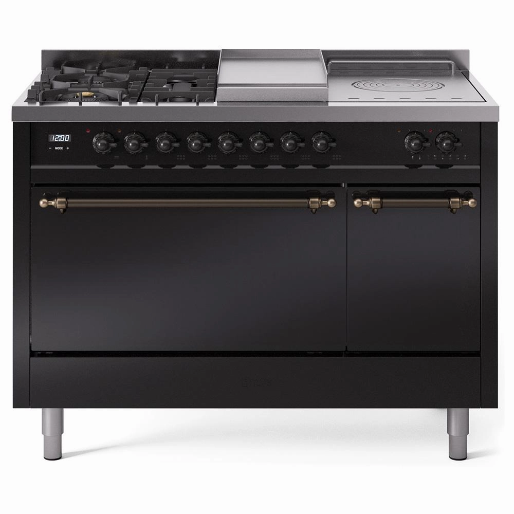 Ilve UP48FSQNMPBKB Ilve Nostalgie Ii 48 Up48Fsqnmpbkb Freestanding Dual Fuel Range With 5 Sealed Burners And French Top Double Oven With Solid Door In Glossy Black With Bronze Knobs Freestanding Ranges freestanding dual fuel range 30 inch
