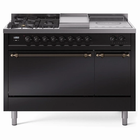 Ilve UP48FSQNMPBKBLP Ilve Nostalgie Ii 48 Up48Fsqnmpbkb Freestanding Dual Fuel Range With 5 Sealed Burners And French Top Double Oven With Solid Door In Glossy Black With Bronze Knobs Freestanding Ranges freestanding dual fuel range 30 inch