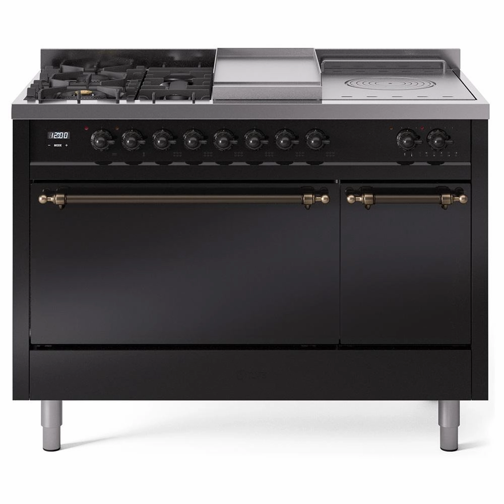 Ilve UP48FSQNMPBKBLP Ilve Nostalgie Ii 48 Up48Fsqnmpbkb Freestanding Dual Fuel Range With 5 Sealed Burners And French Top Double Oven With Solid Door In Glossy Black With Bronze Knobs Freestanding Ranges freestanding dual fuel range 30 inch