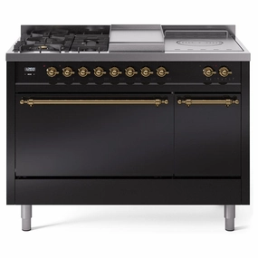 Ilve UP48FSQNMPBKG Ilve Nostalgie Ii 48 Up48Fsqnmpbkg Freestanding Dual Fuel Range With 5 Sealed Burners And French Top Double Oven With Solid Door In Glossy Black With Brass Knobs Freestanding Ranges freestanding dual fuel range 30 inch