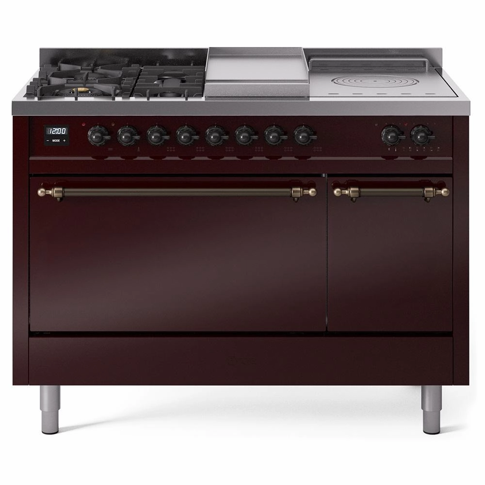 Ilve UP48FSQNMPBUB Ilve Nostalgie Ii 48 Up48Fsqnmpbub Freestanding Dual Fuel Range With 5 Sealed Burners And French Top Double Oven With Solid Door In Burgundy With Bronze Knobs Freestanding Ranges freestanding dual fuel range 30 inch