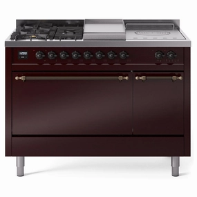 Ilve UP48FSQNMPBUB Ilve Nostalgie Ii 48 Up48Fsqnmpbub Freestanding Dual Fuel Range With 5 Sealed Burners And French Top Double Oven With Solid Door In Burgundy With Bronze Knobs Freestanding Ranges freestanding dual fuel range 30 inch