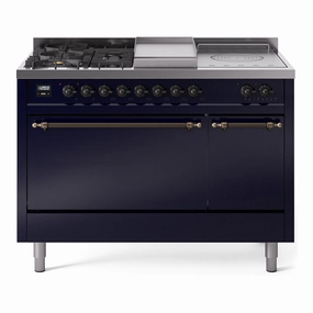 Ilve UP48FSQNMPMBB Nostalgie Ii 48 Inch Dual Fuel Natural Gas Freestanding Range In Blue With Bronze Trim Freestanding Ranges freestanding dual fuel range 30 inch